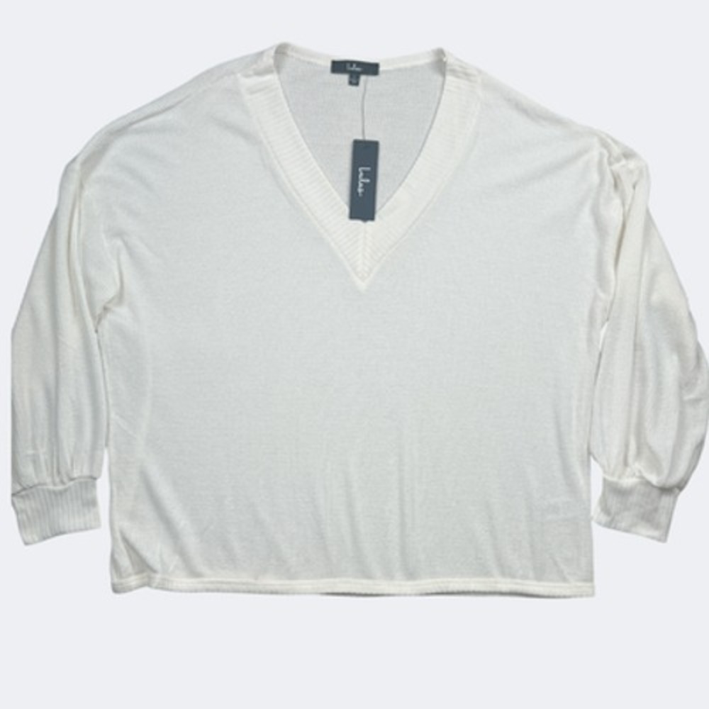 Lulus Sweater Womens Large White V Neck Waffle Knit Balloon Sleeve Pullover